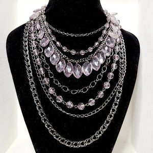 Multi-Layer Statement Bib Necklace Crystal Like Beads Black Metallic Finish EUC